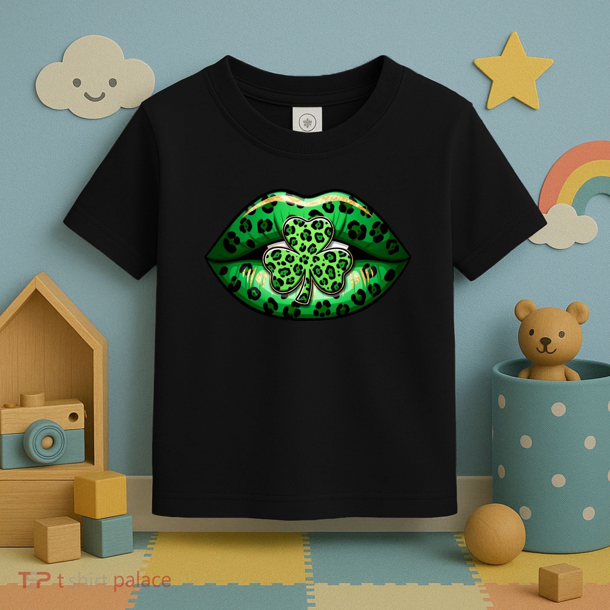 Cute St Patrick's Day Leopard Print Lip Print Shamrock Clover Toddler T-Shirt