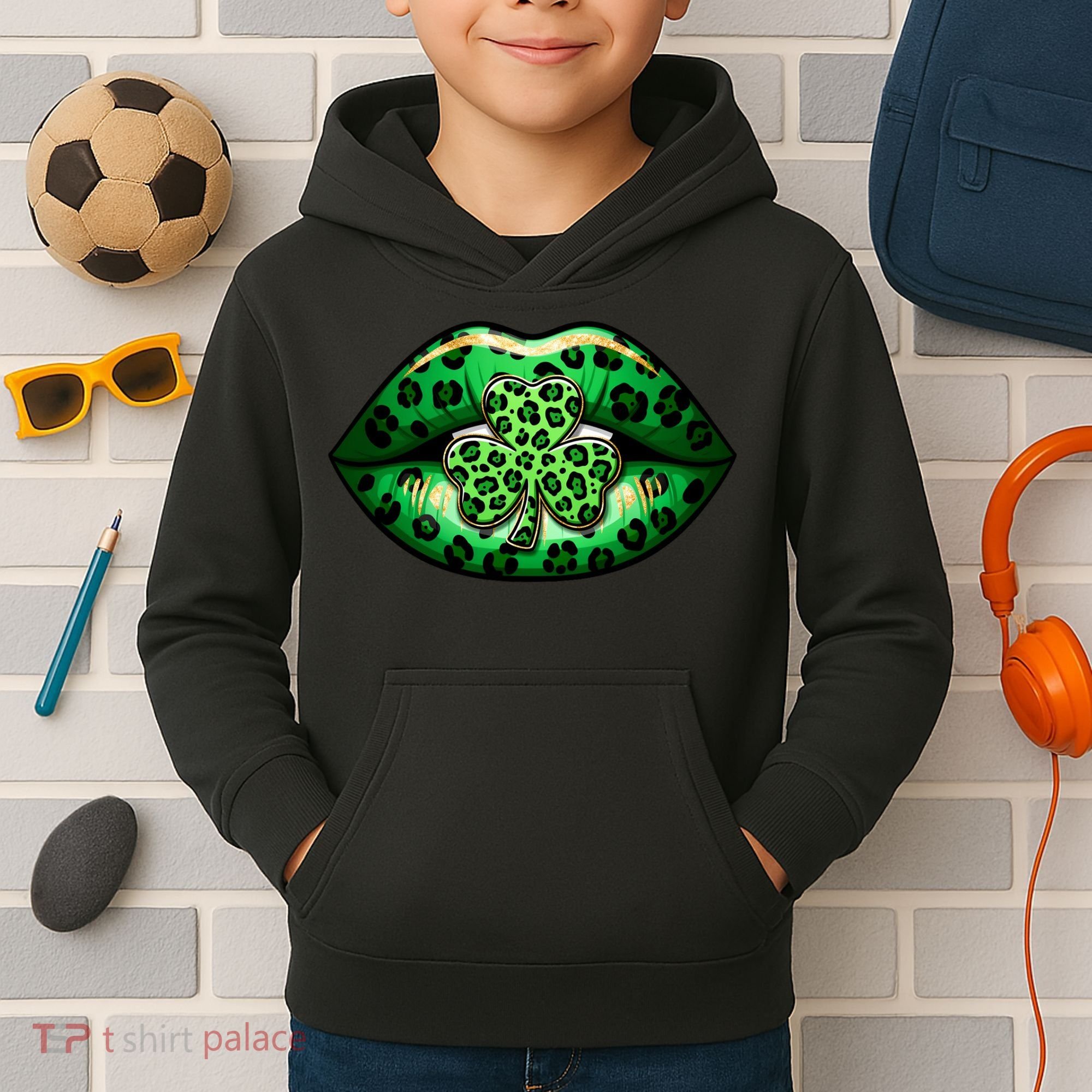 Cute St Patrick's Day Leopard Print Lip Print Shamrock Clover Kids Hoodie