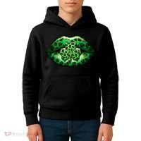 Cute St Patrick's Day Leopard Print Lip Print Shamrock Clover Kids Hoodie thumb 4