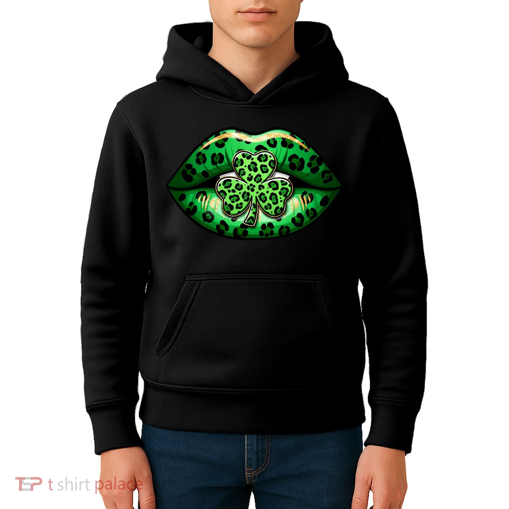 Cute St Patrick's Day Leopard Print Lip Print Shamrock Clover Kids Hoodie