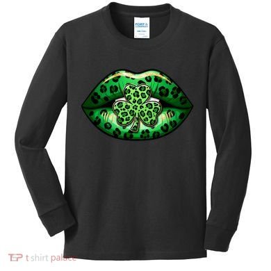 Cute St Patrick's Day Leopard Print Lip Print Shamrock Clover Kids Long Sleeve Shirt