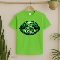 Cute St Patrick's Day Leopard Print Lip Print Shamrock Clover T-Shirt thumb 2