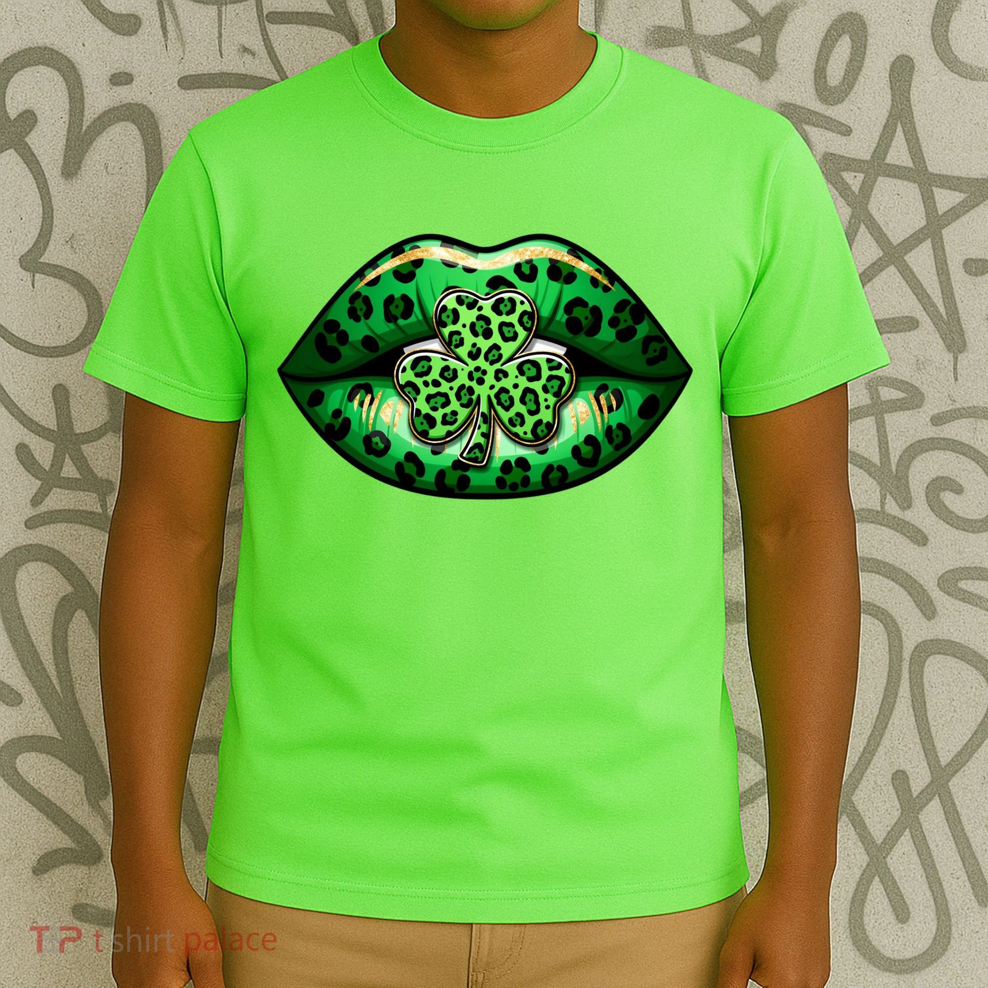Cute St Patrick's Day Leopard Print Lip Print Shamrock Clover T-Shirt
