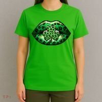 Cute St Patrick's Day Leopard Print Lip Print Shamrock Clover T-Shirt thumb 4