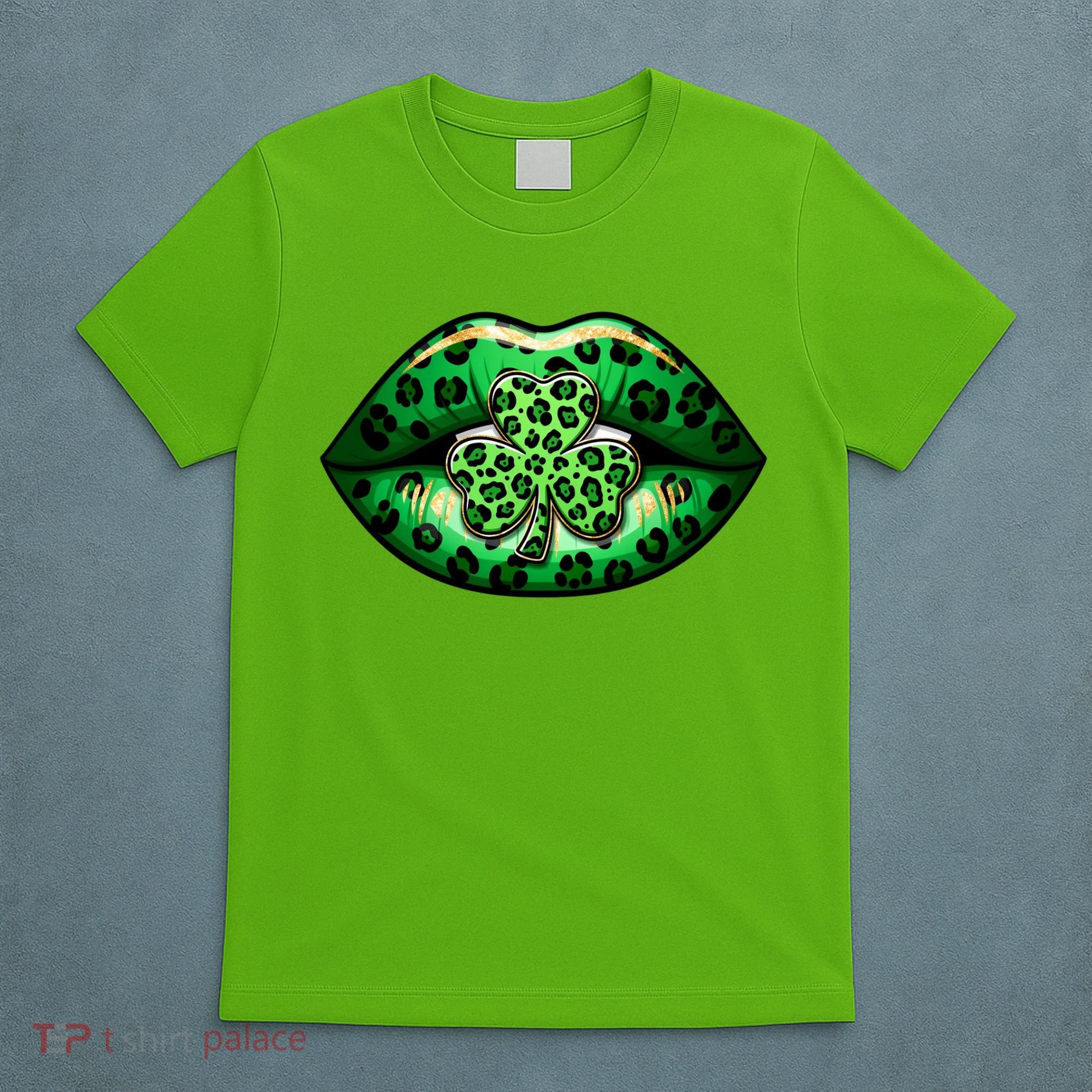 Cute St Patrick's Day Leopard Print Lip Print Shamrock Clover T-Shirt