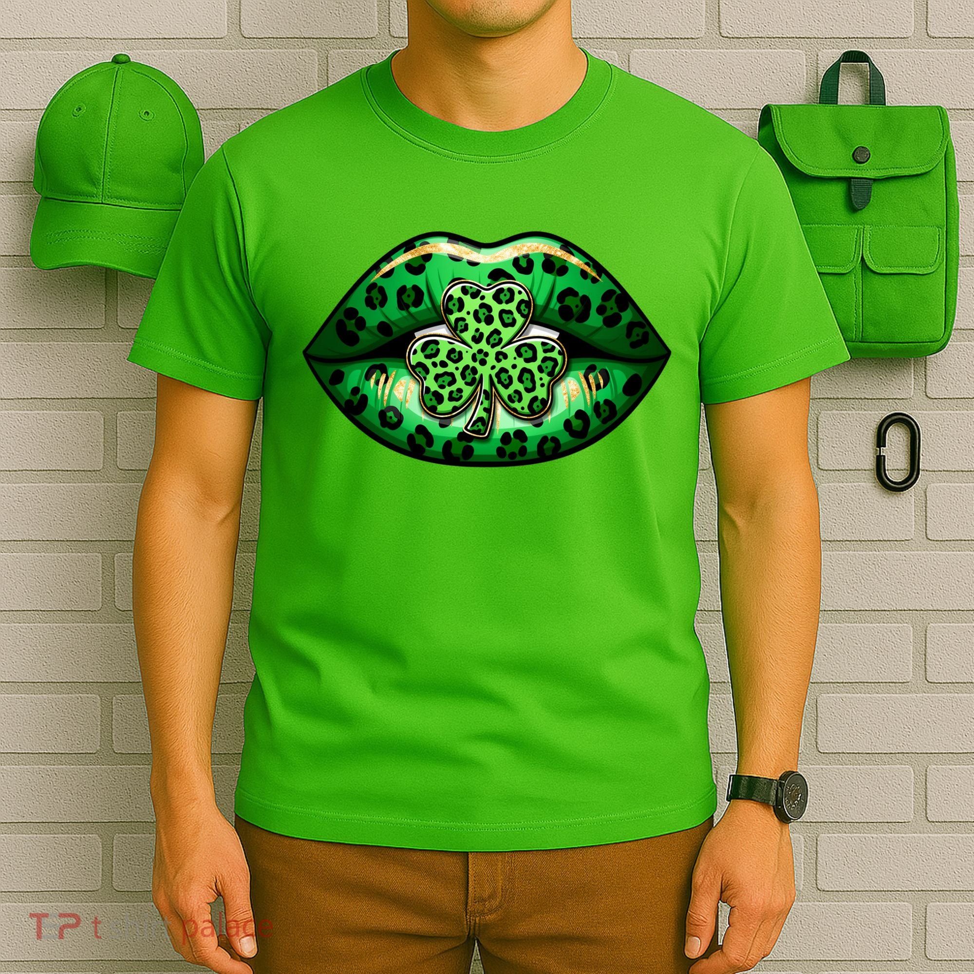 Cute St Patrick's Day Leopard Print Lip Print Shamrock Clover T-Shirt