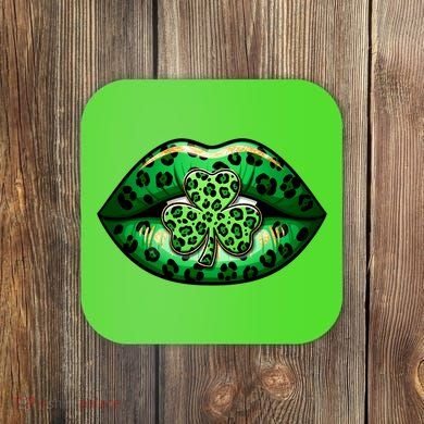 Cute St Patrick's Day Leopard Print Lip Print Shamrock Clover Coaster