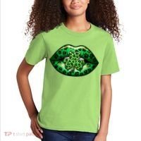 Cute St Patrick's Day Leopard Print Lip Print Shamrock Clover Kids T-Shirt thumb 2