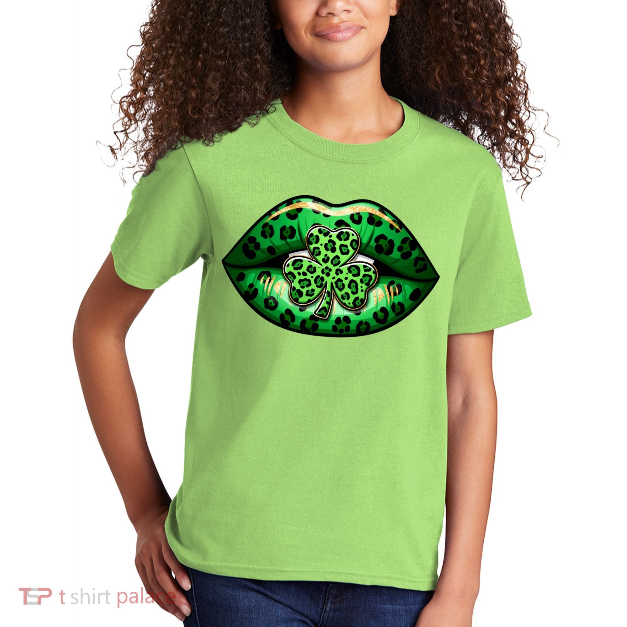 Cute St Patrick's Day Leopard Print Lip Print Shamrock Clover Kids T-Shirt