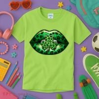 Cute St Patrick's Day Leopard Print Lip Print Shamrock Clover Kids T-Shirt thumb 3