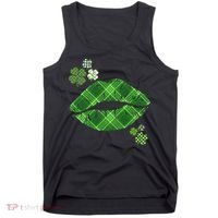Cute St Patrick's Day Green Plaid Lip Print Tank Top thumb 0