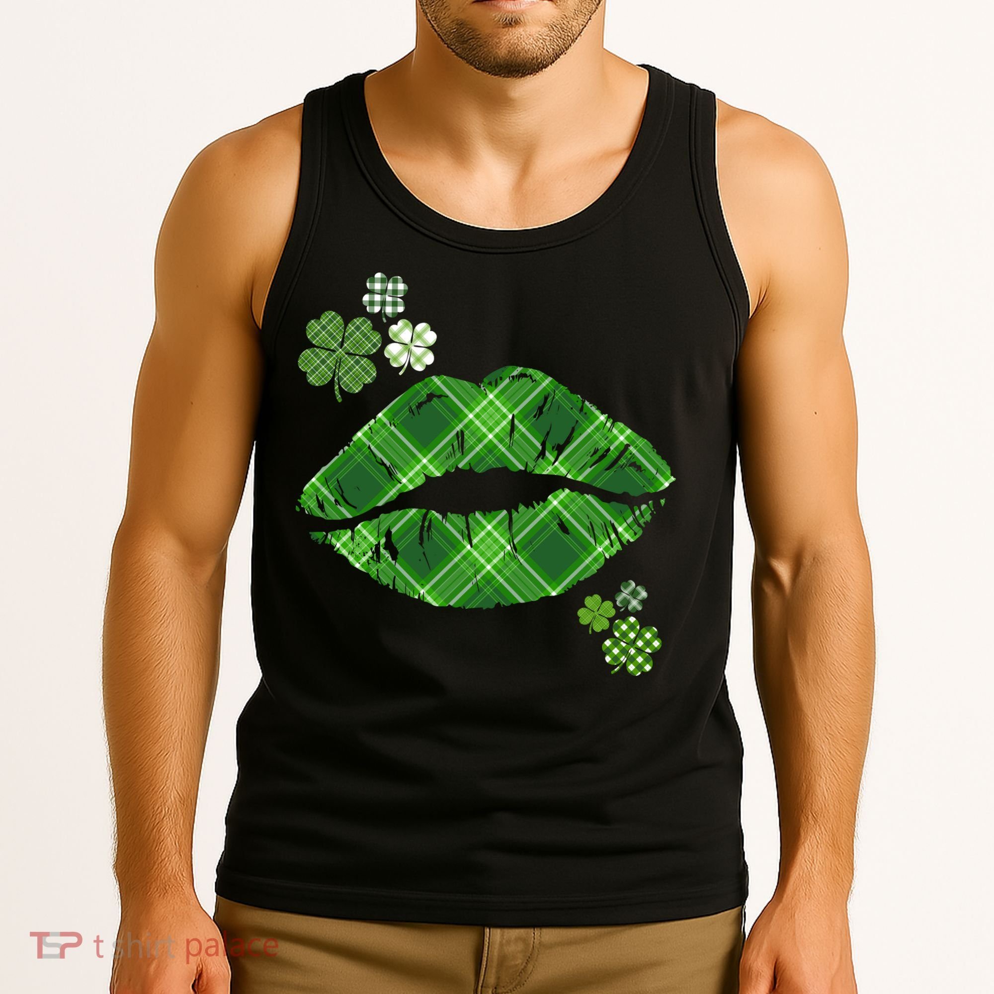 Cute St Patrick's Day Green Plaid Lip Print Tank Top