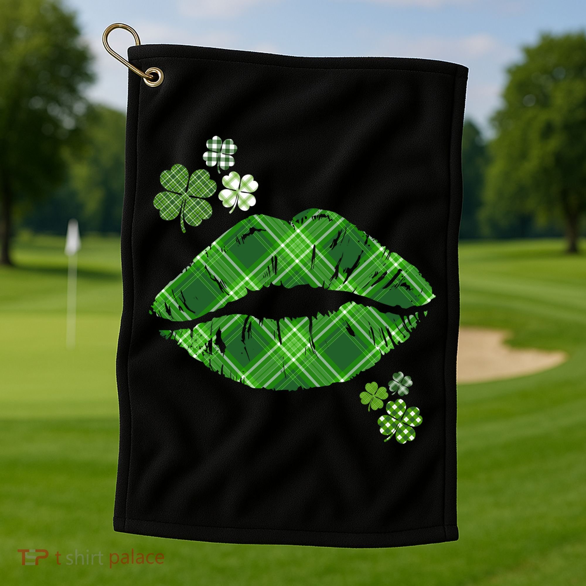 Cute St Patrick's Day Green Plaid Lip Print Golf Towel
