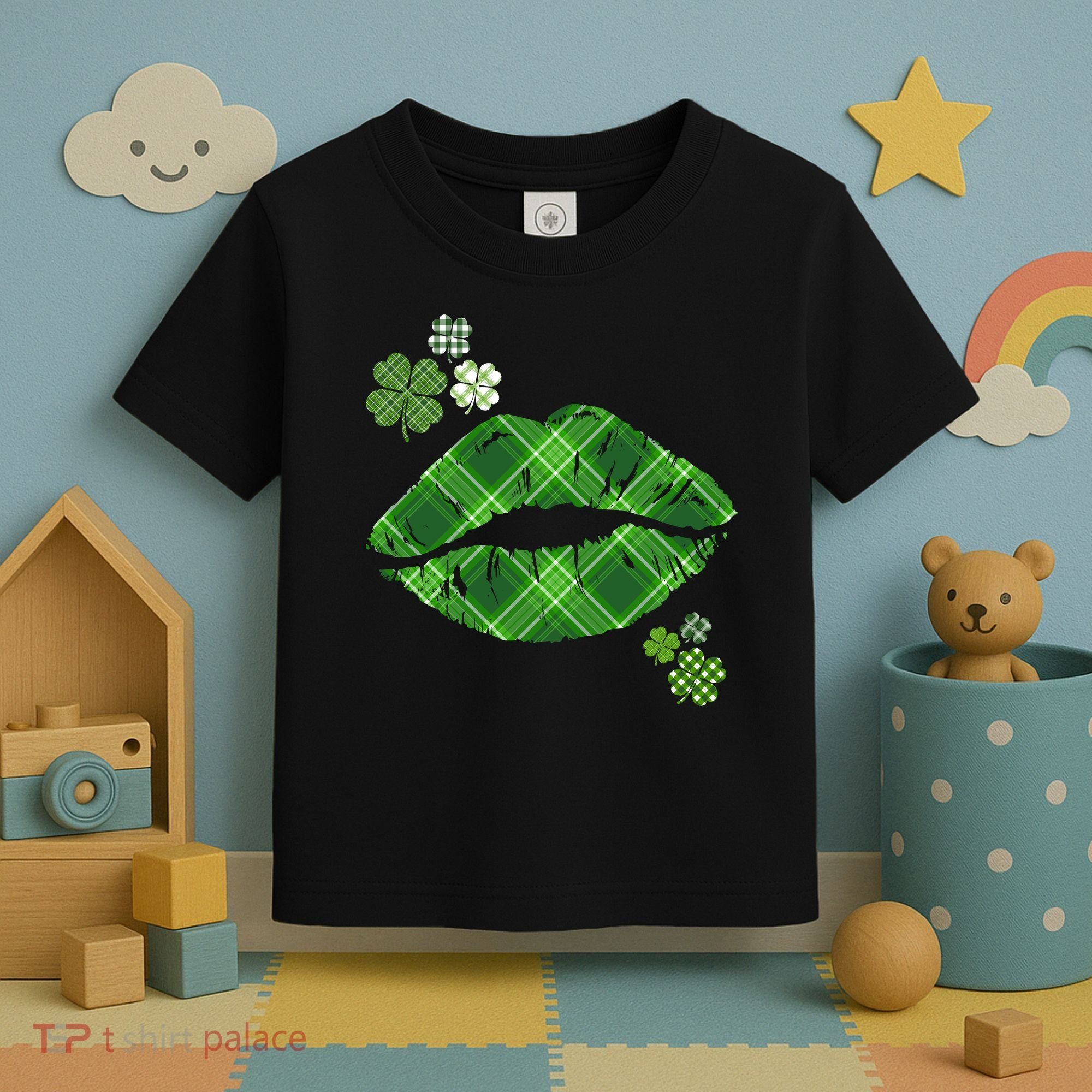 Cute St Patrick's Day Green Plaid Lip Print Toddler T-Shirt