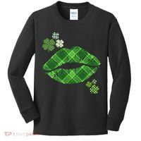 Cute St Patrick's Day Green Plaid Lip Print Kids Long Sleeve Shirt thumb 0