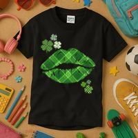 Cute St Patrick's Day Green Plaid Lip Print Kids T-Shirt thumb 3