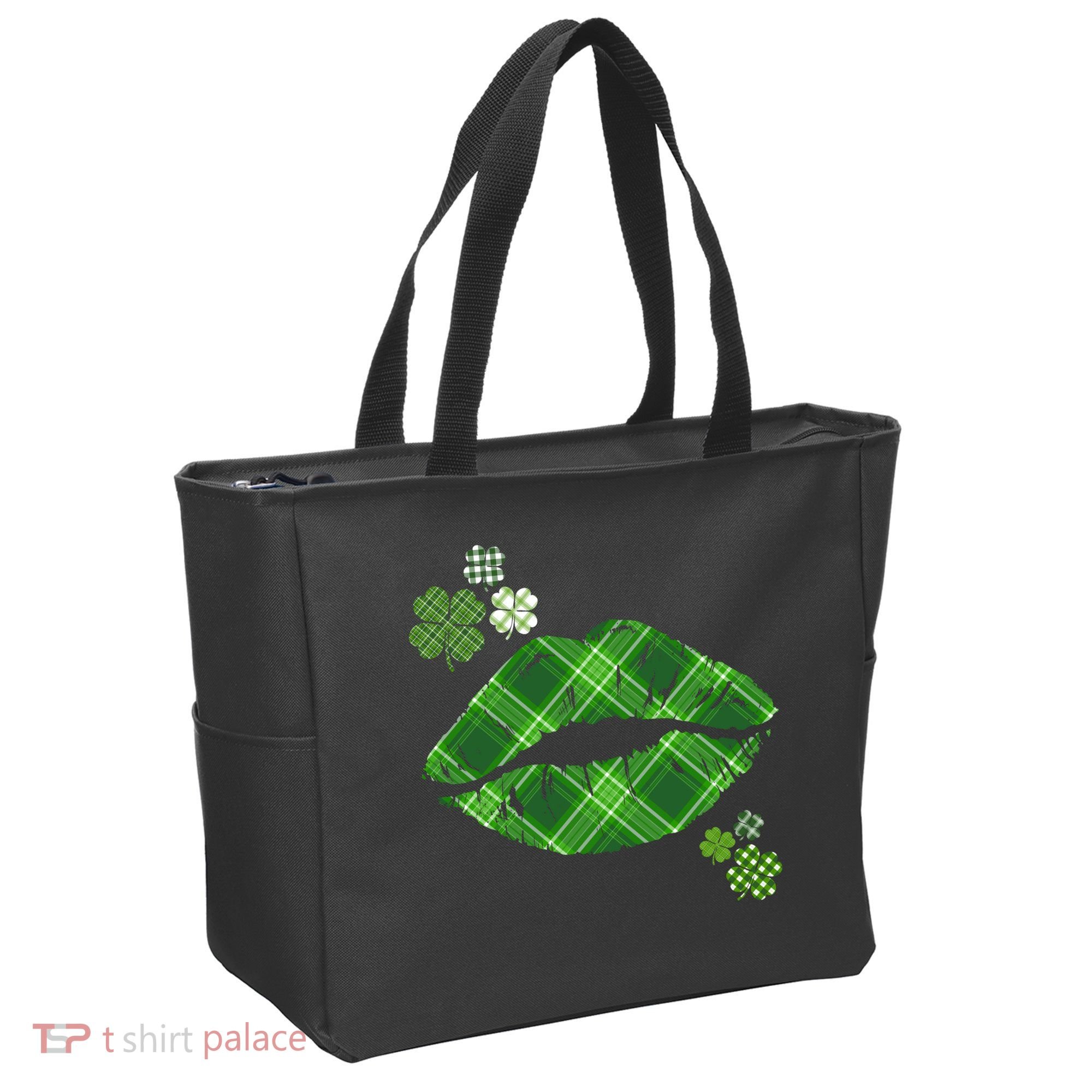 Cute St Patrick's Day Green Plaid Lip Print Tote Bag
