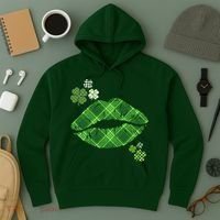 Cute St Patrick's Day Green Plaid Lip Print Hoodie thumb 3