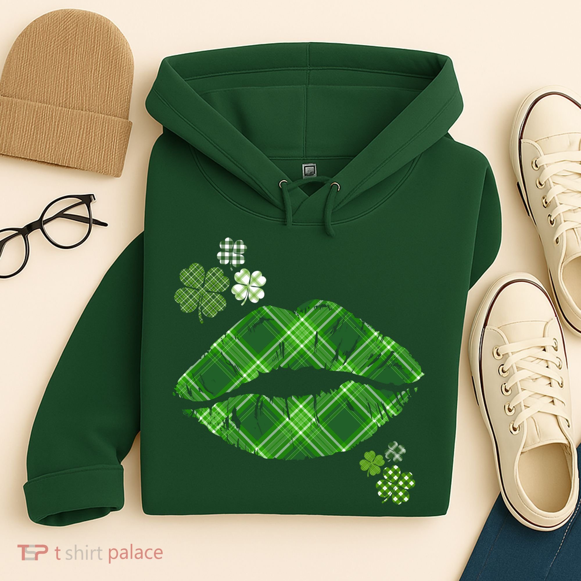 Cute St Patrick's Day Green Plaid Lip Print Hoodie