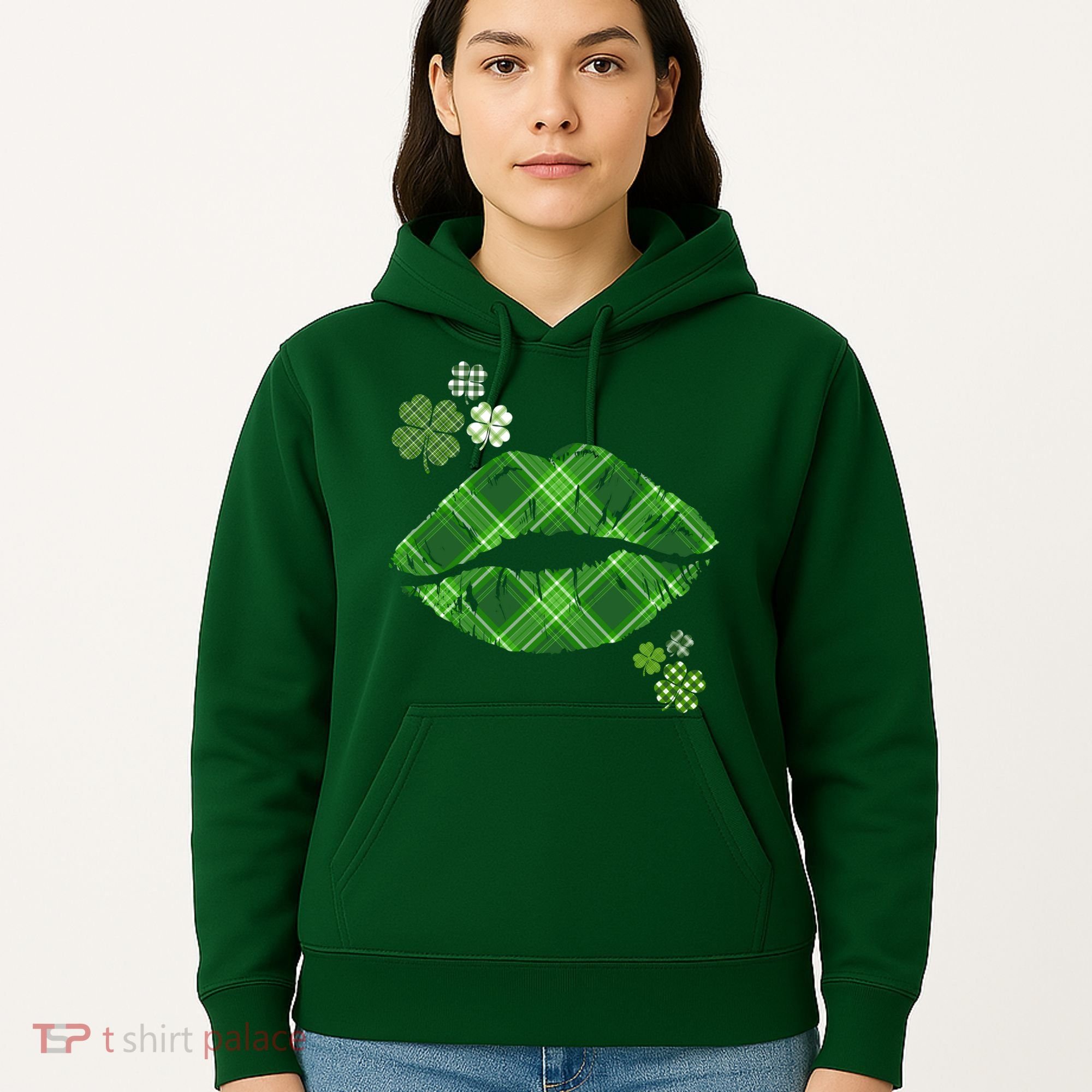 Cute St Patrick's Day Green Plaid Lip Print Hoodie