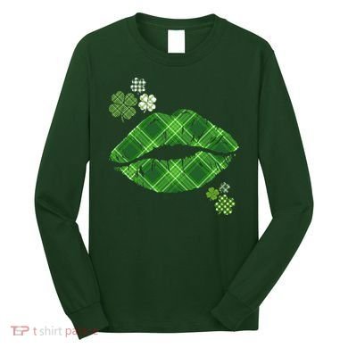 Cute St Patrick's Day Green Plaid Lip Print Long Sleeve Shirt