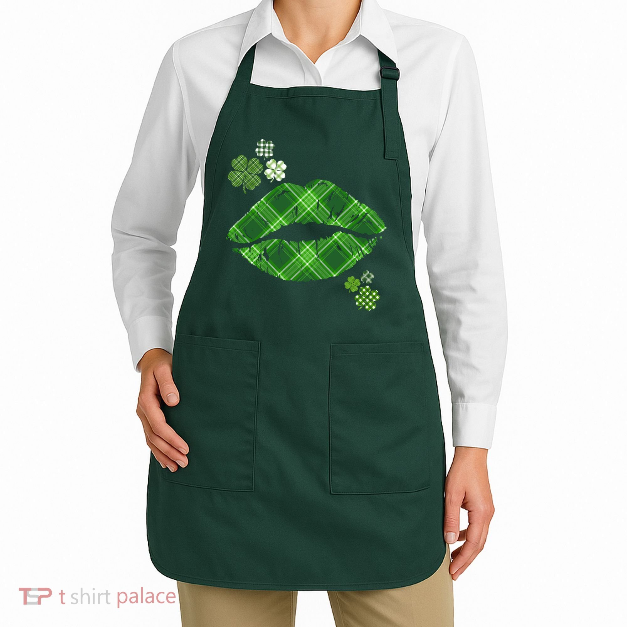 Cute St Patrick's Day Green Plaid Lip Print Apron