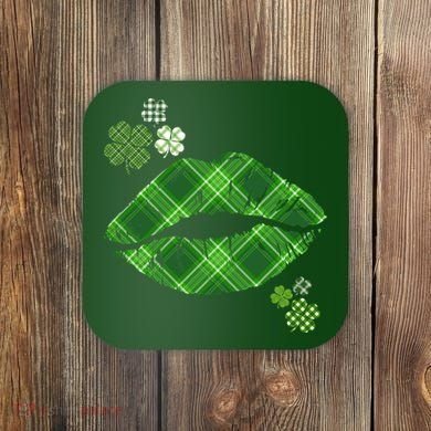 Cute St Patrick's Day Green Plaid Lip Print Coaster
