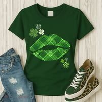 Cute St Patrick's Day Green Plaid Lip Print Women's T-Shirt thumb 3