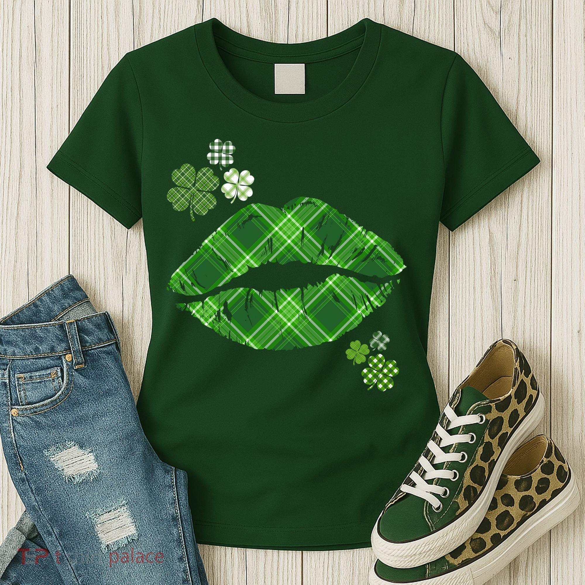 Cute St Patrick's Day Green Plaid Lip Print Women's T-Shirt