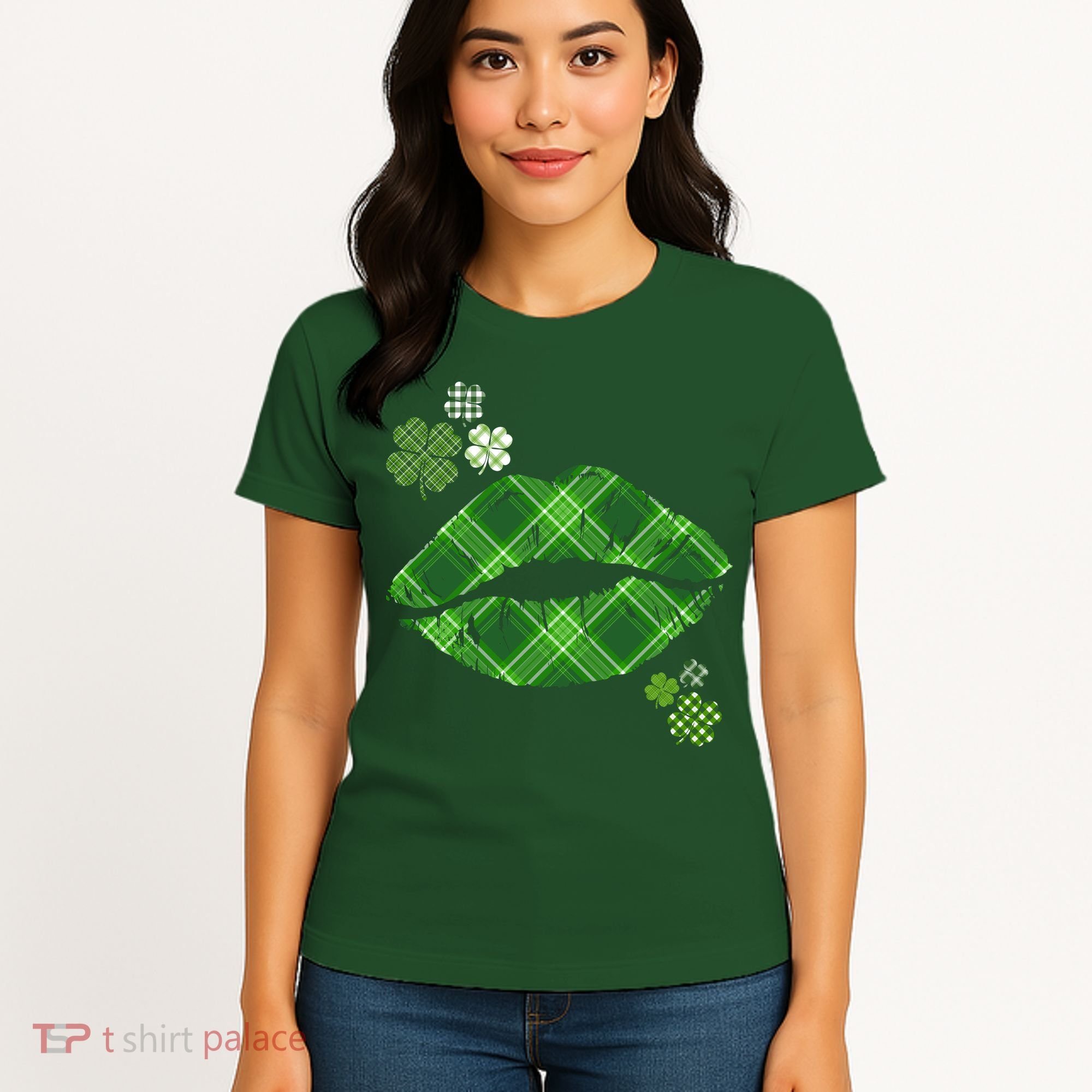 Cute St Patrick's Day Green Plaid Lip Print Women's T-Shirt