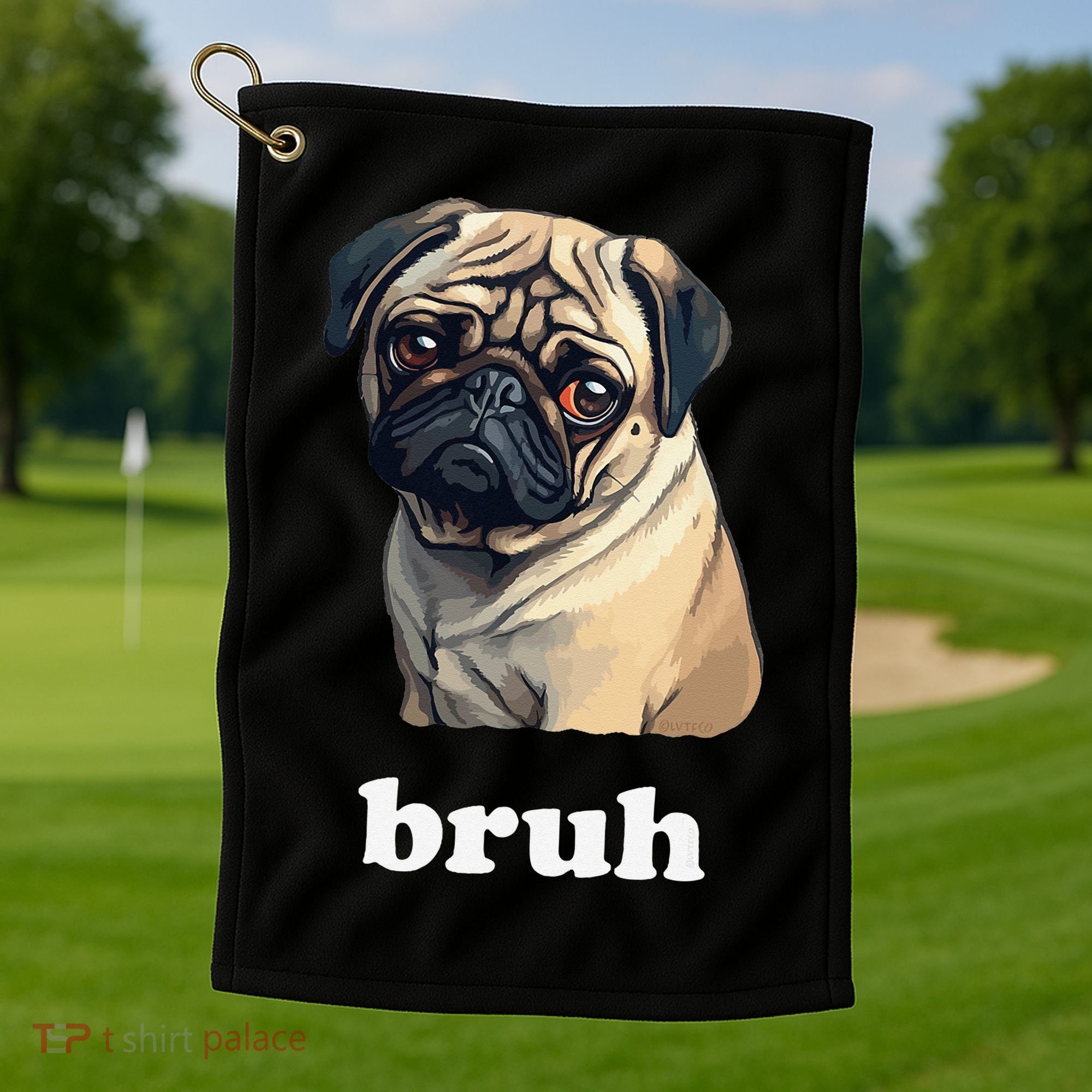 Cute Suspicious Pug says Bruh Funny Dog Golf Towel