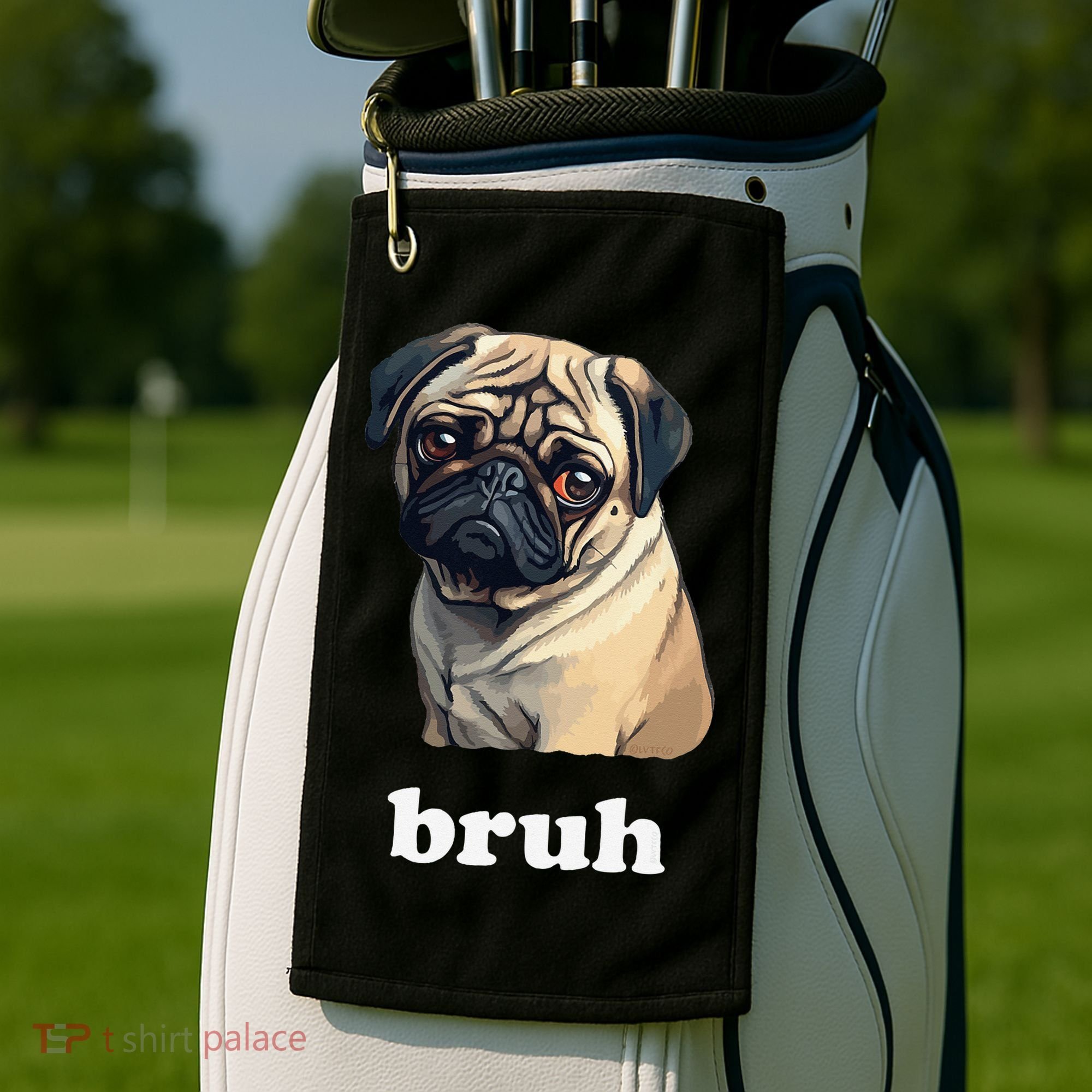 Cute Suspicious Pug says Bruh Funny Dog Golf Towel