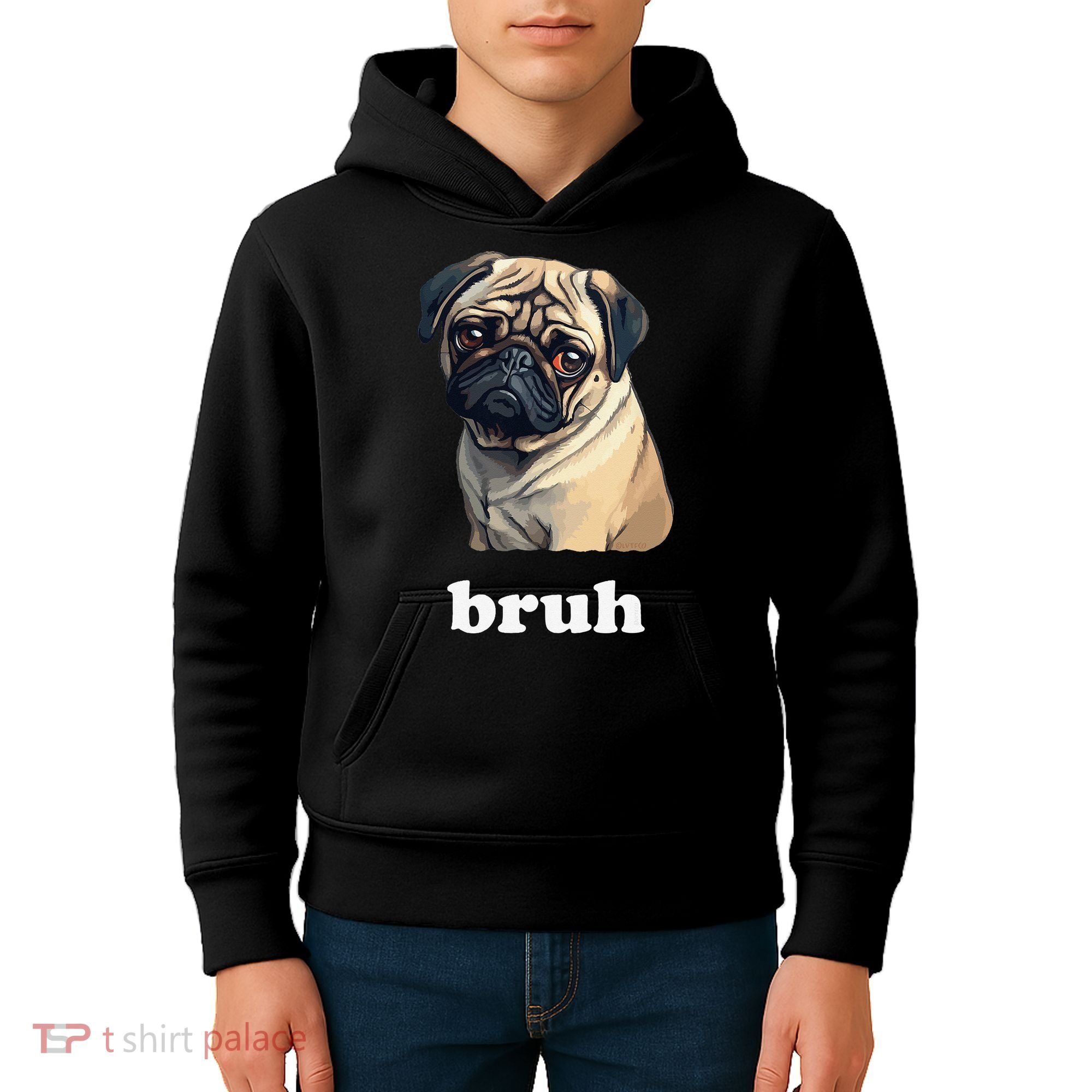 Cute Suspicious Pug says Bruh Funny Dog Kids Hoodie