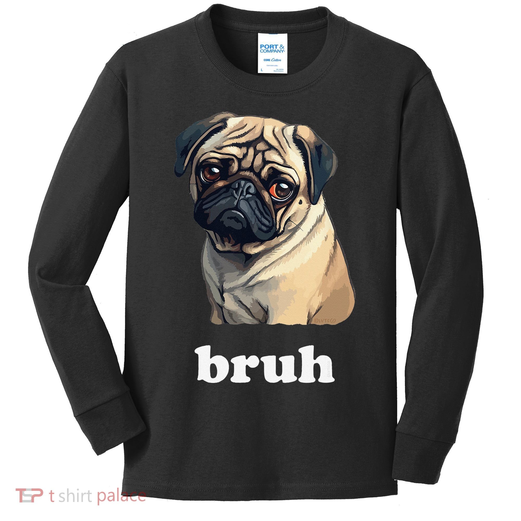 Cute Suspicious Pug says Bruh Funny Dog Kids Long Sleeve Shirt