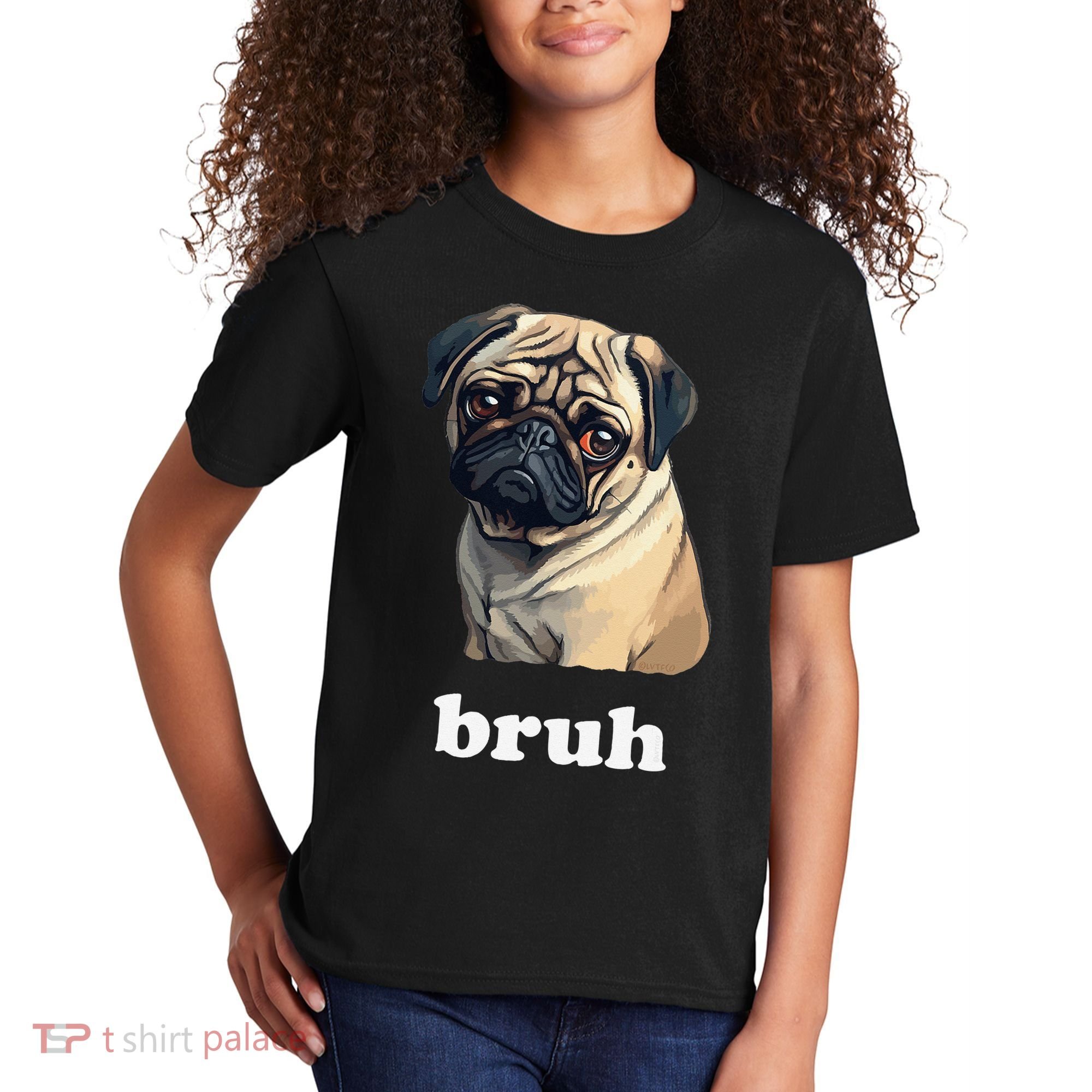 Cute Suspicious Pug says Bruh Funny Dog Kids T-Shirt
