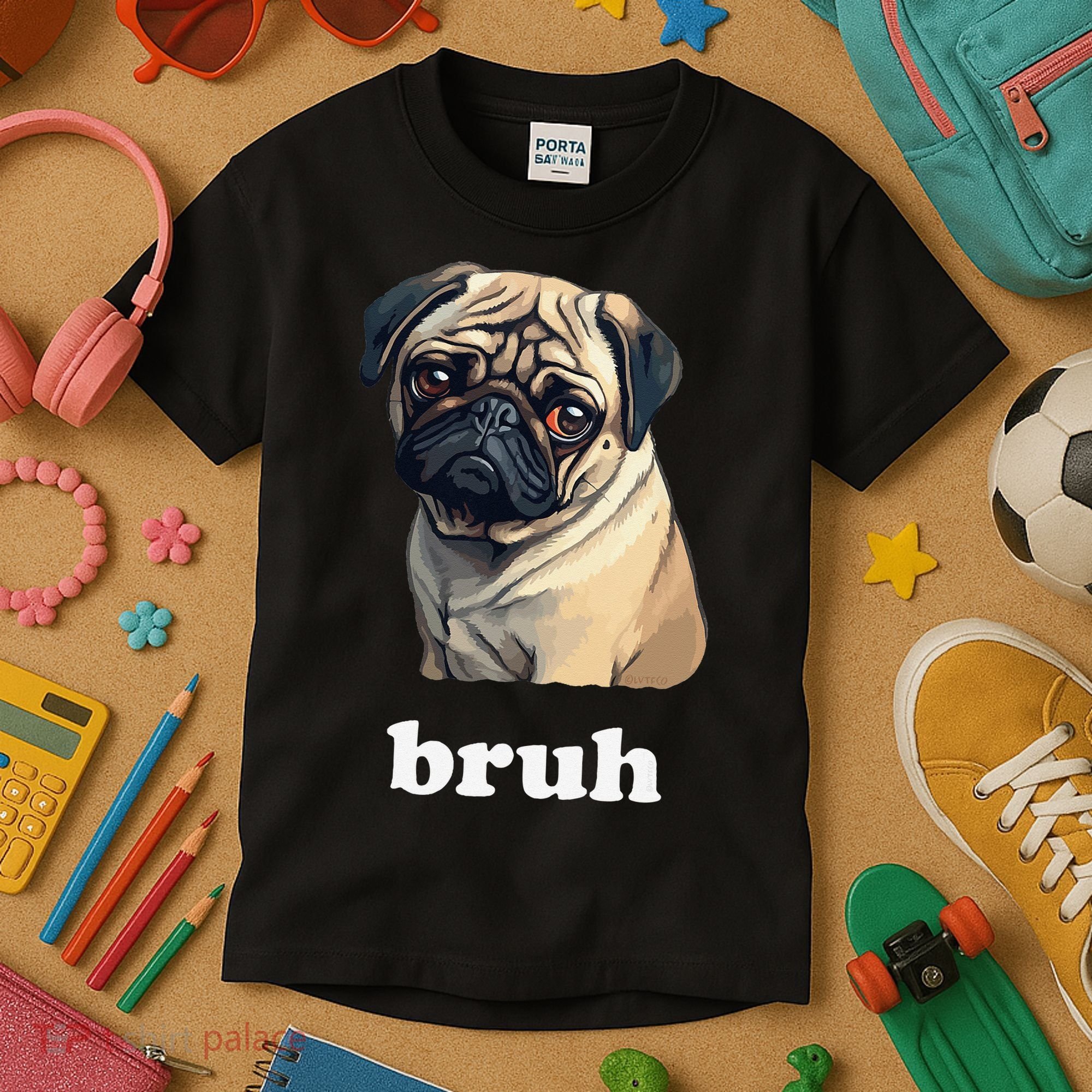 Cute Suspicious Pug says Bruh Funny Dog Kids T-Shirt