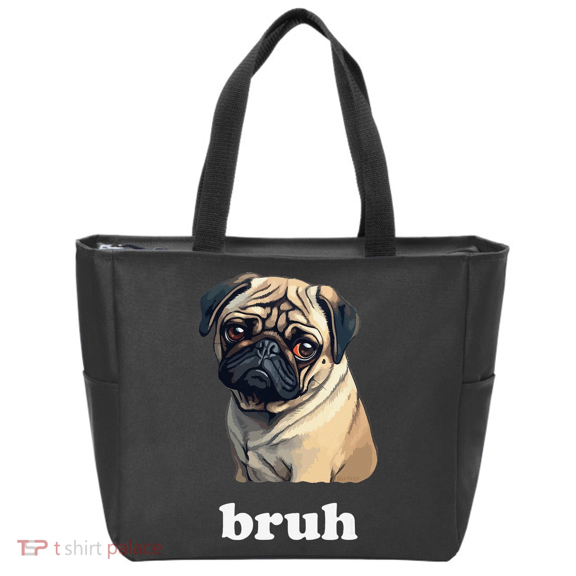 Cute Suspicious Pug says Bruh Funny Dog Tote Bag