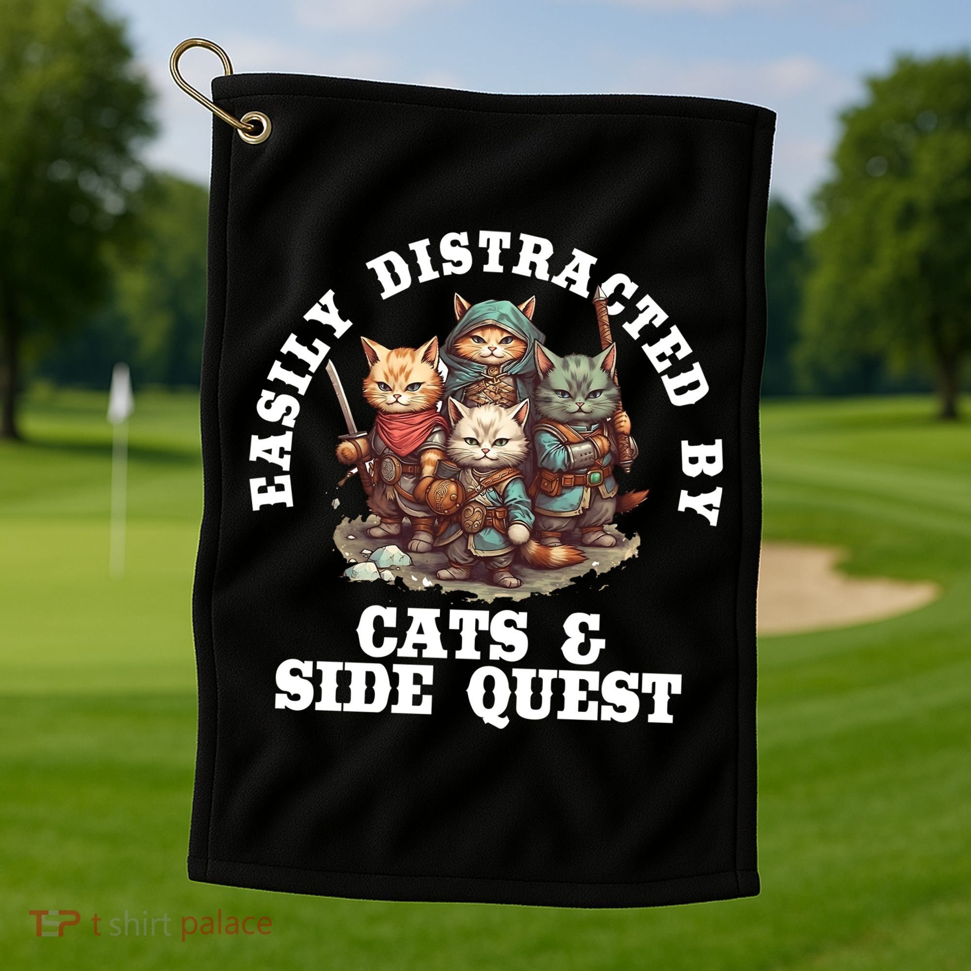 Cats Side Quest Distracted Tabletop Funny Golf Towel