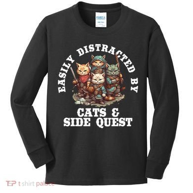 Cats Side Quest Distracted Tabletop Funny Kids Long Sleeve Shirt