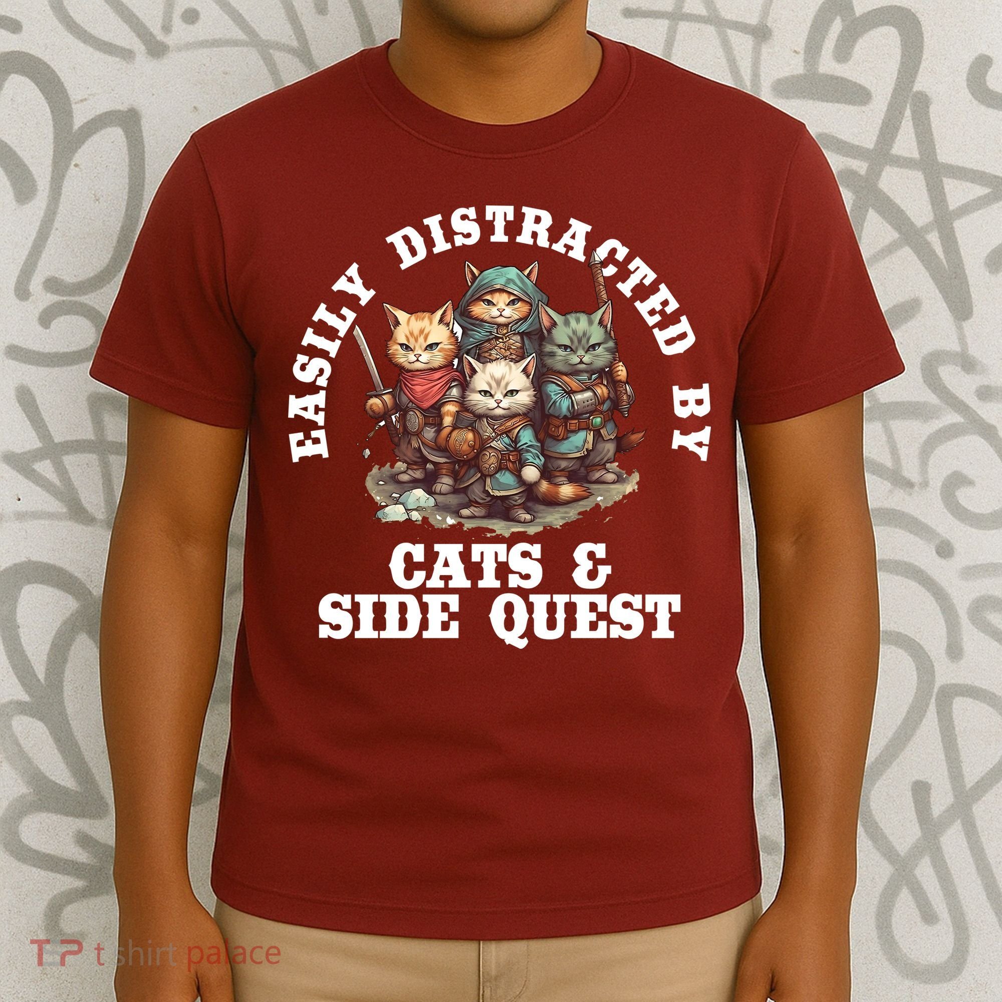Cats Side Quest Distracted Tabletop Funny T-Shirt