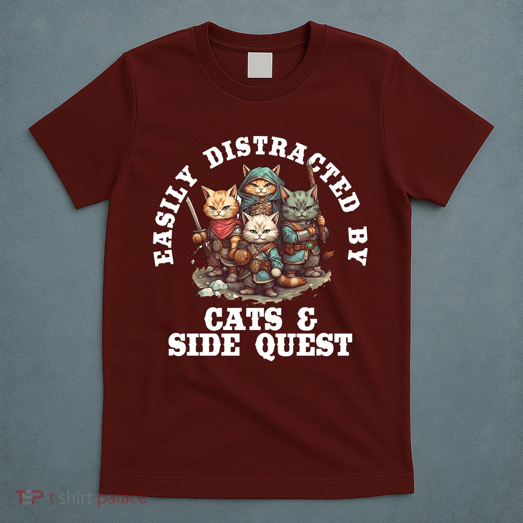 Cats Side Quest Distracted Tabletop Funny T-Shirt