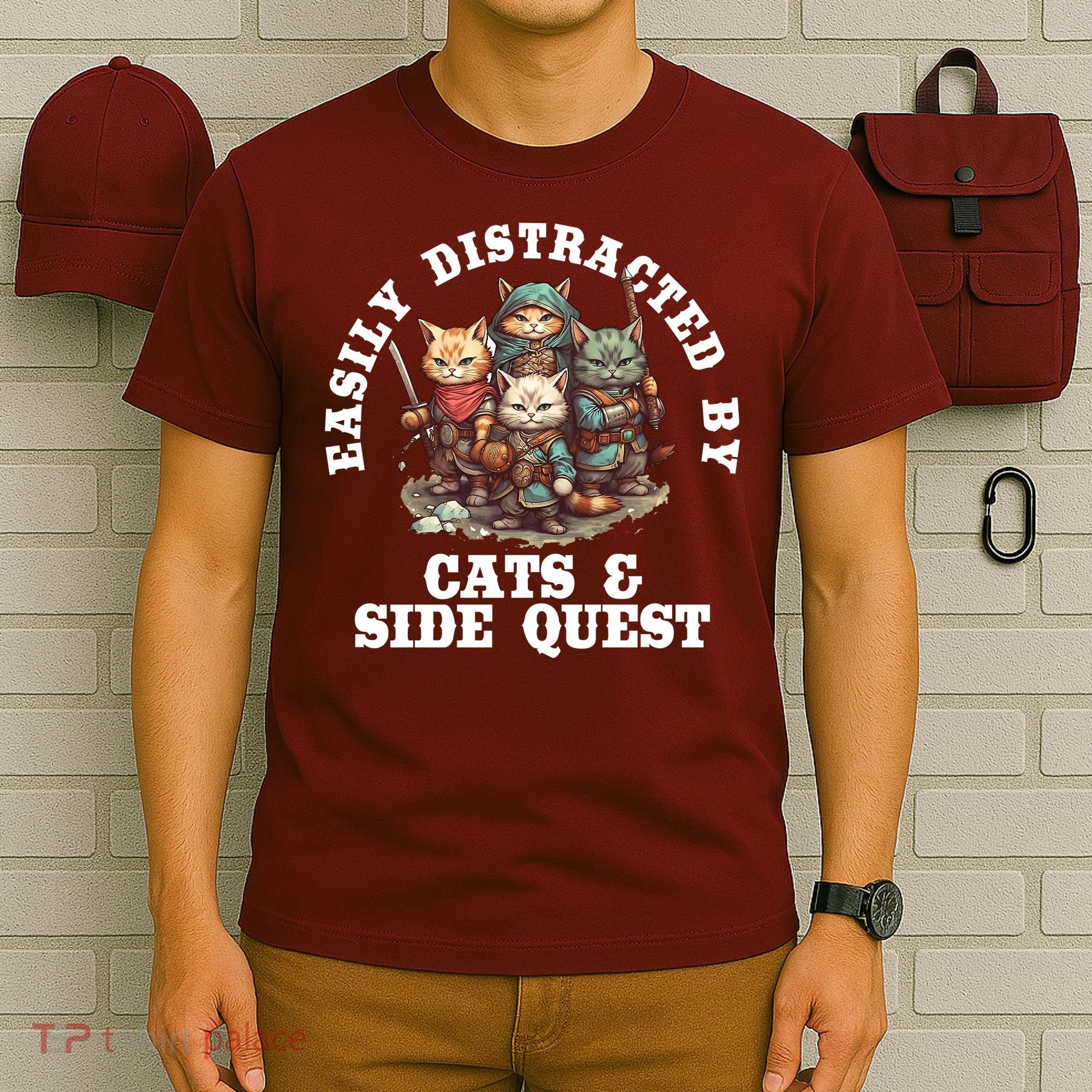 Cats Side Quest Distracted Tabletop Funny T-Shirt