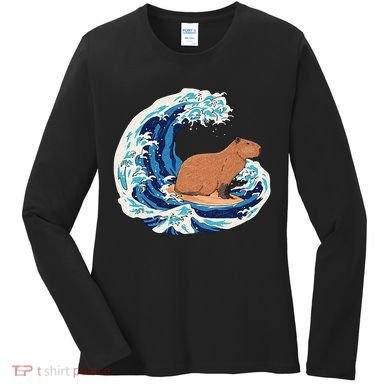 Capybara Surfing Rodent Wave Humor Animal Women's Long Sleeve Shirt