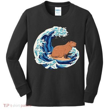 Capybara Surfing Rodent Wave Humor Animal Kids Long Sleeve Shirt