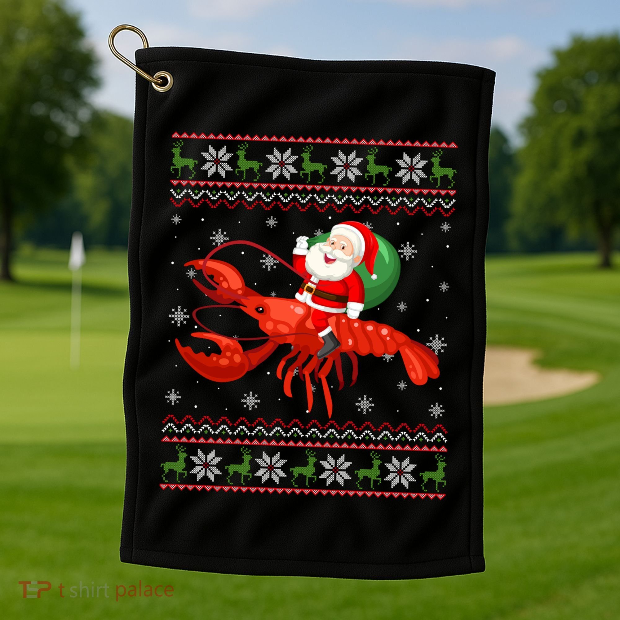 Christmas Santa Riding Lobster Funny Ugly Xmas Sweater Long Sleeve Golf Towel