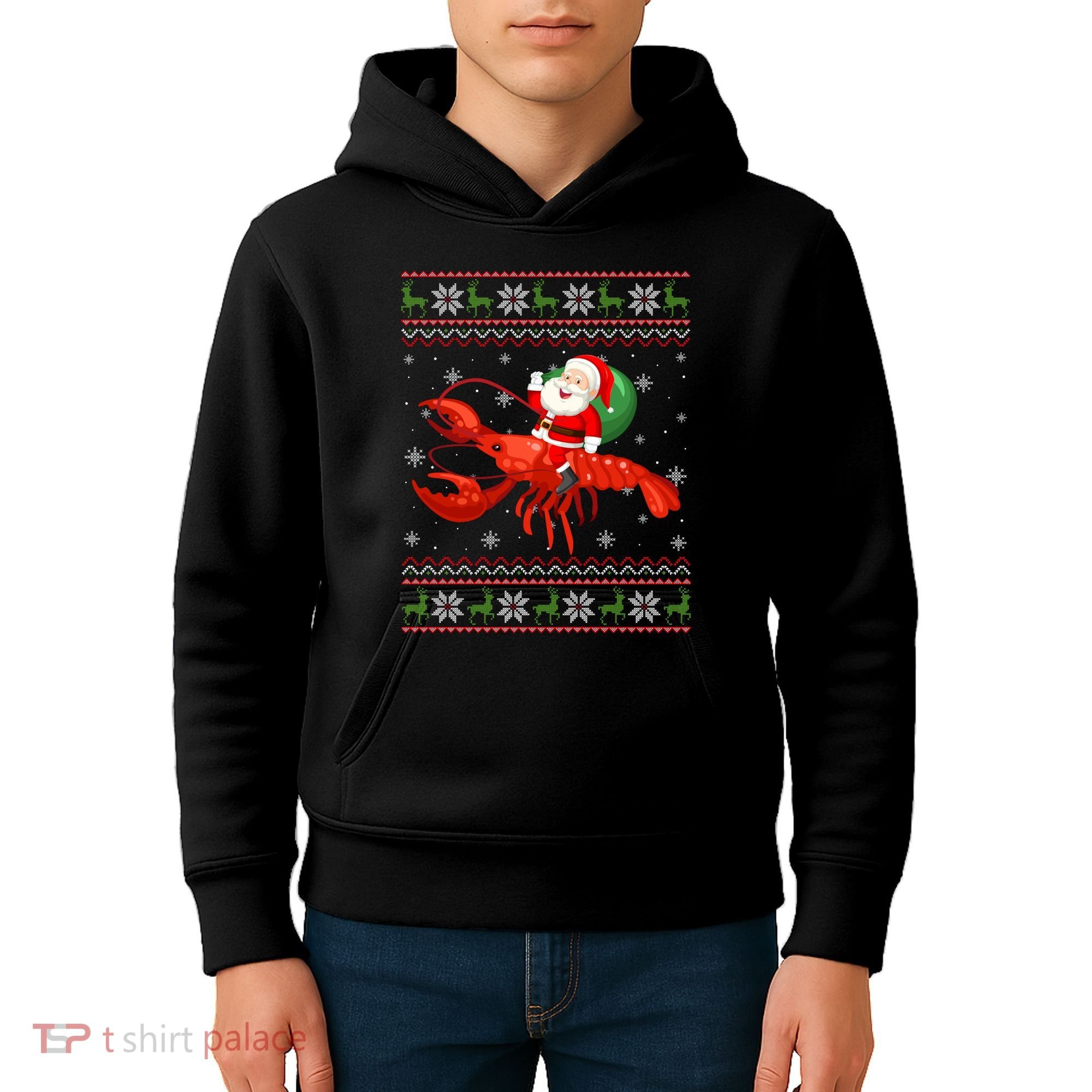 Christmas Santa Riding Lobster Funny Ugly Xmas Sweater Long Sleeve Kids Hoodie