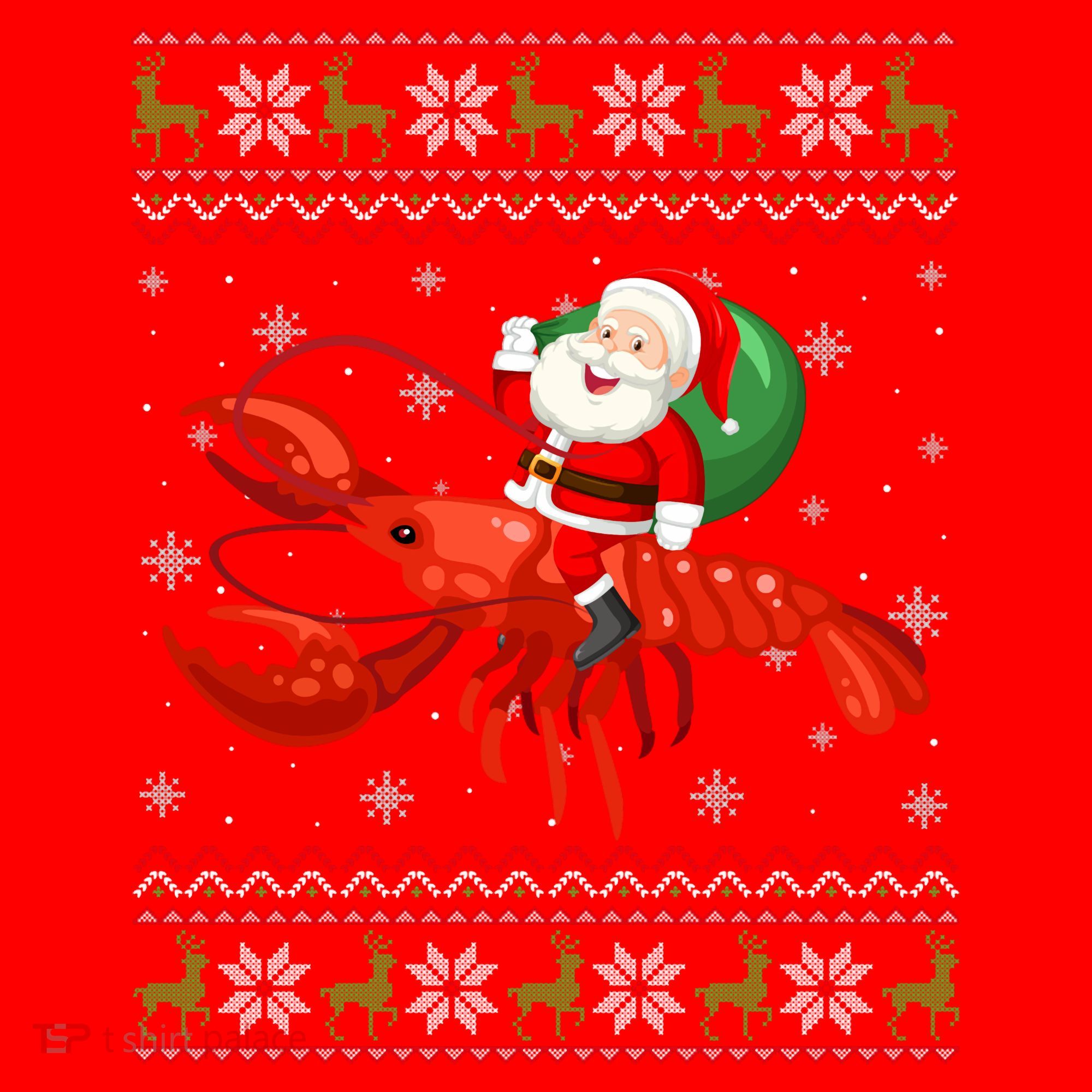 Christmas Santa Riding Lobster Funny Ugly Xmas Sweater Long Sleeve Santa Hat