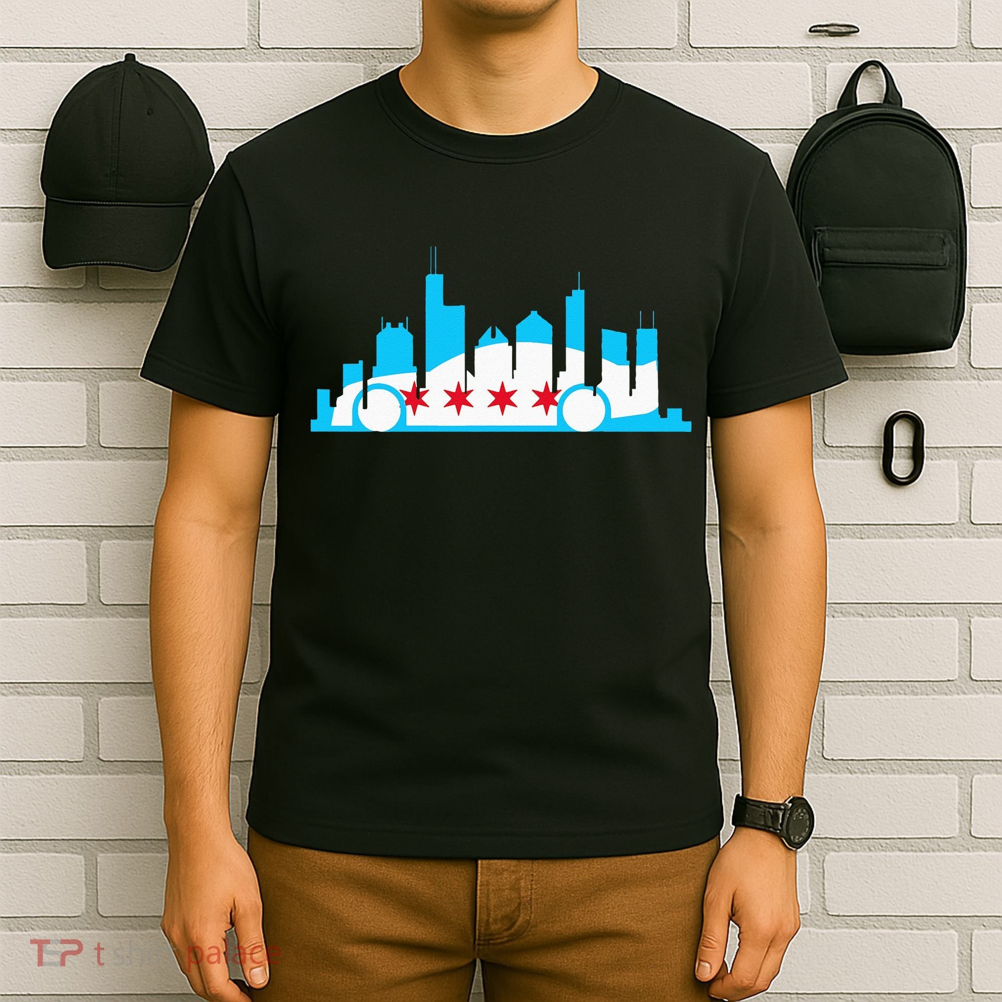 Chicago Skyline Race Car Chicago Flag T-Shirt