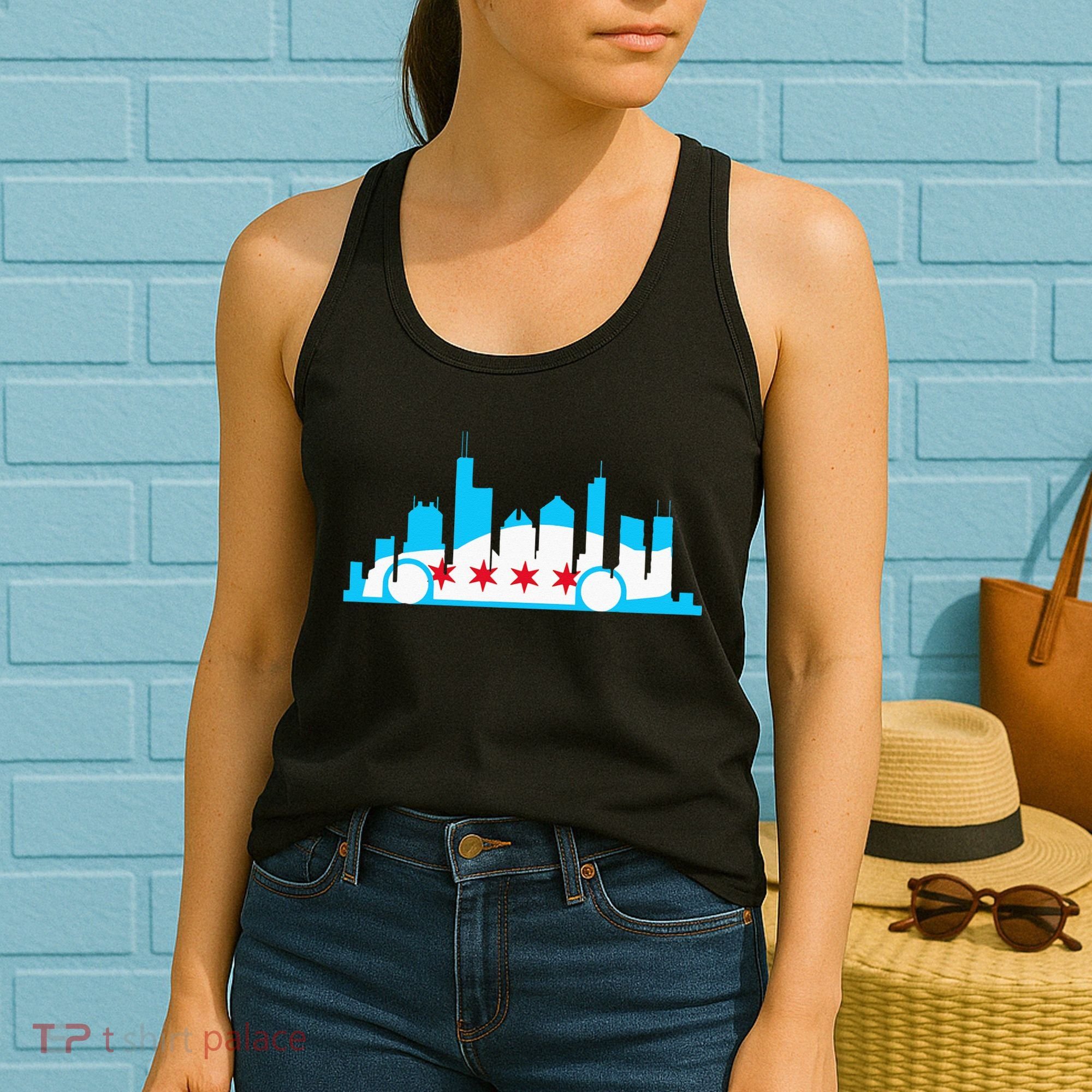 Chicago Skyline Race Car Chicago Flag Women's Tank Top