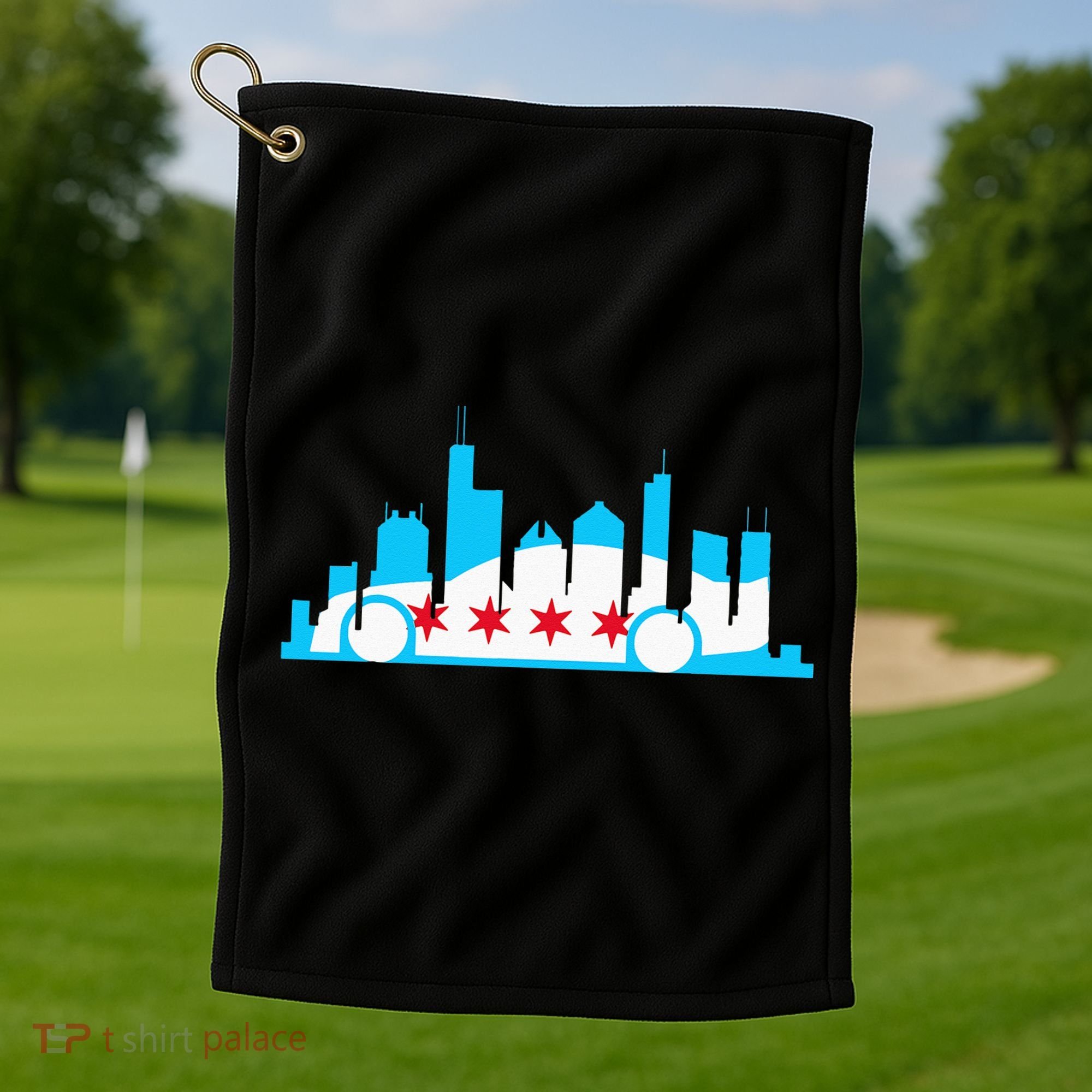 Chicago Skyline Race Car Chicago Flag Golf Towel